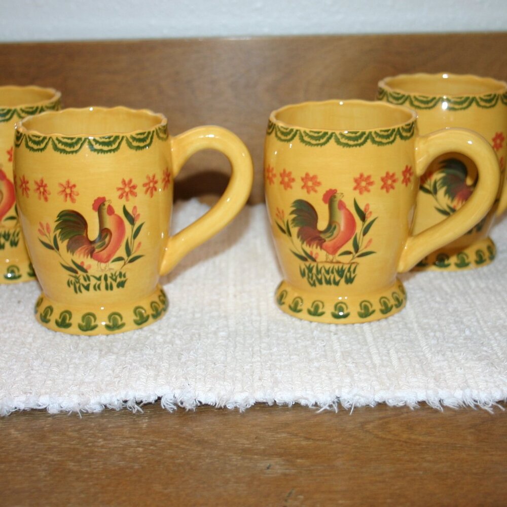 Coffee Mugs Set of Four Mustard Yellow w/Rooster R-924
